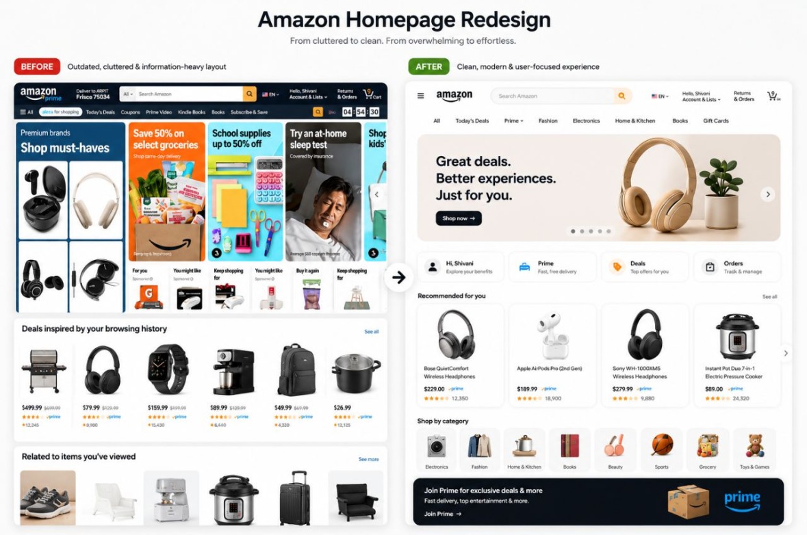 Before and after: the current Amazon homepage with dense promo tiles, next to the redesign with a centered search, short navigation, one hero banner, quick links, recommended products and category icons