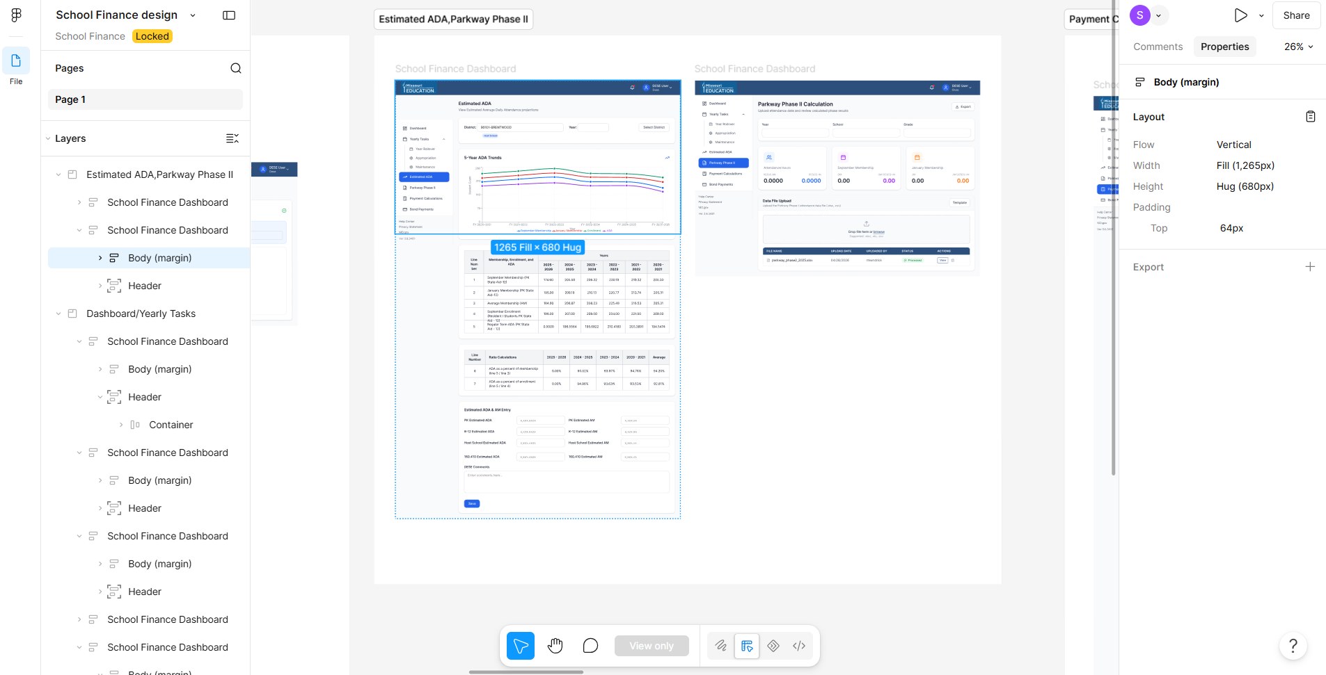 Figma file with the Estimated ADA screen selected; the properties panel shows vertical auto layout, Fill width, Hug height and 64px top padding