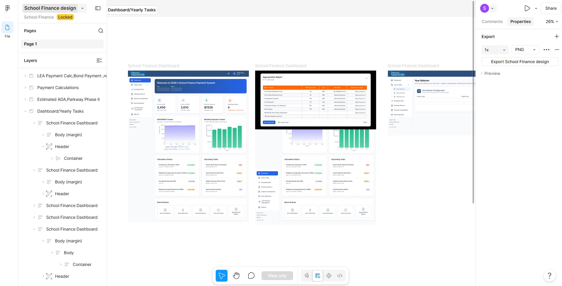 Figma file showing the Dashboard and Yearly Tasks section with the layers panel listing School Finance Dashboard frames