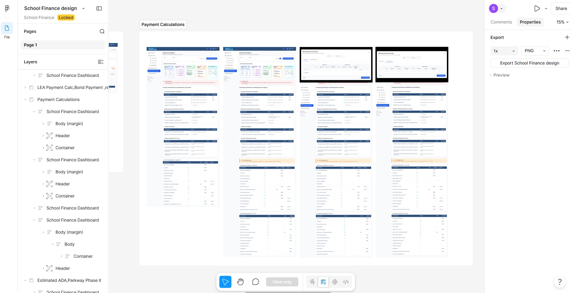 Figma file showing four Payment Calculations screens, including two data entry and override pop-ups