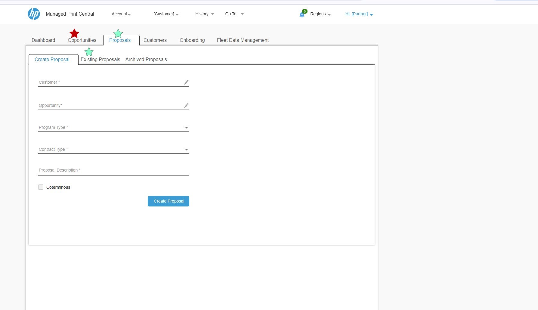 Create proposal form with six fields and a single primary button