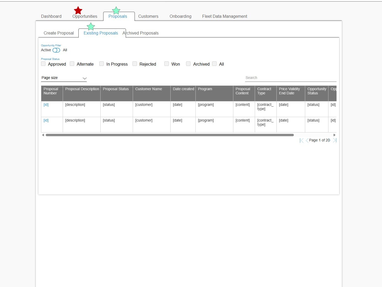 Existing proposals screen with toggle filter, status checkboxes and a wide data table
