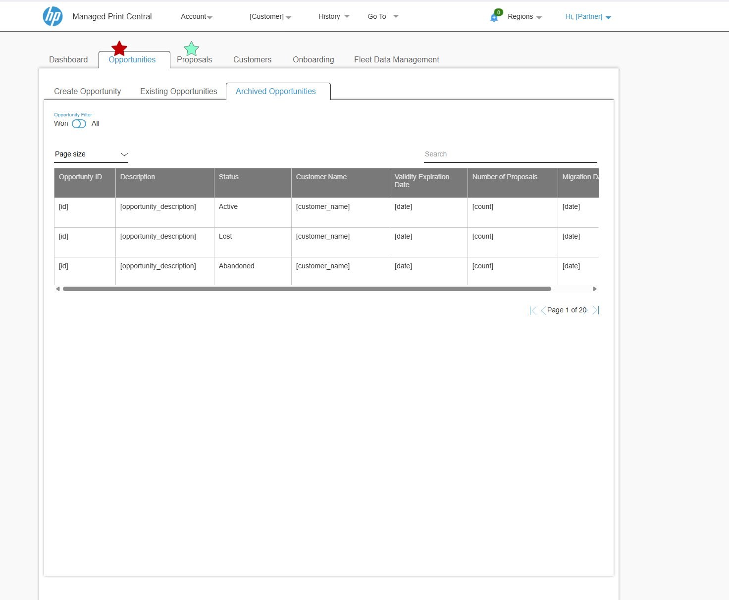 Archived opportunities with a Won/All toggle and status column