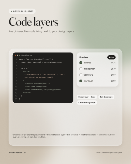 Code layer experiment rendering a live component on the canvas.