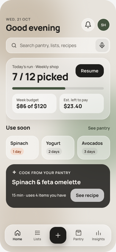 Home screen: the unfinished shopping run with 7 of 12 picked, items to use soon, and dinner ideas from the pantry.