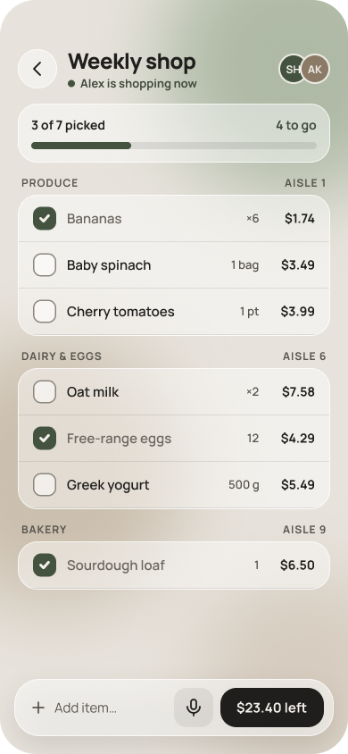 Shared shopping list grouped by aisle, with checked items struck through and a running total.