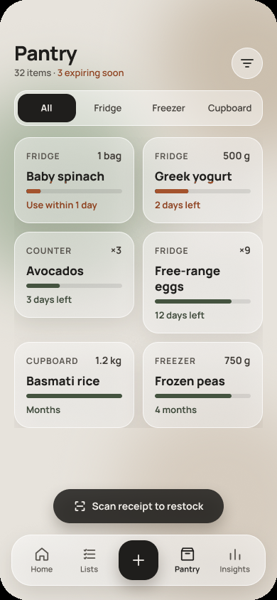 Pantry screen with item cards showing freshness bars; urgent items marked in clay with days left.