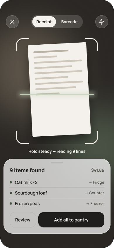 Receipt scan screen: scanned items already sorted into fridge, freezer and counter, with an Add all to pantry button.